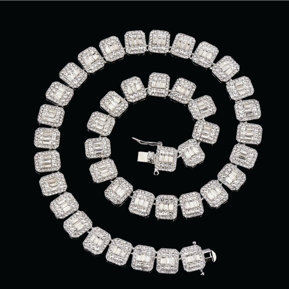 4MM Choker Iced Out Lab Baguette Tennis Chain Bracelet SET - Picture 1 of 6